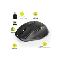 PORT DESIGNS Egér vezeték nélküli, újratölthető akkumulátor, USB-C / USB / BT 5.0, 800 / 1200 / 1600 / 2000 / 2400 dpi, 5 gomb, feke PORT Desings