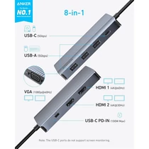 ANKER USB HUB, 8-in-1, USB-C Hub, 2x4K HDMI, 1xVGA, 3xUSB-A, USB-C 5Gbps, szürke - A83790A1 Anker