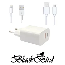 BLACKBIRD Hálózati Adapter T131 25W + Type-C + Lightning kábel 1m, Fehér BlackBird