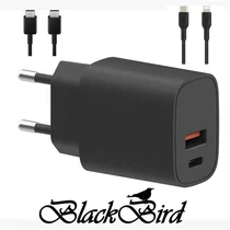 BLACKBIRD Hálózati Adapter T131 25W + Type-C + Lightning kábel 1m, Fekete BlackBird
