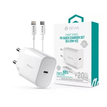 DEVIA ST383847 HÁLÓZATI TÖLTŐ ADAPTER TYPE-C BEMENETTEL + TYPE-C - LIGHTNING KÁBEL - 20W - FEHÉR DEVIA