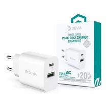 DEVIA ST38524 HÁLÓZATI TÖLTŐ ADAPTER TYPE-C + USB BEMENETTEL - 20W - SMART SERIES PD3.0 + QC3.0 QUICK CHARGER V2 - FEHÉR DEVIA