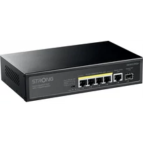 STRONG SW5011POE+ Hálózati Switch, 4 Gigabit port - 1 Gigabit Uplink - 1SFP Gigabit port, 100 watt PoE táp, Fekete STRONG