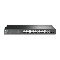 TP-LINK Switch 24x100Mbps (24xPOE) + 4x1000Mbps + 2xGigabit SFP, Menedzselhető, TL-SL2428P