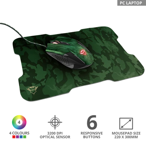 TRUST Gamer Vezetékes Terepmintás egér és egéralátét 23611, GXT 781 Rixa Camo Gaming Mouse & Mouse Pad