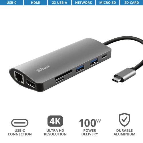 TRUST Hétfunkciós USB-C többportos adapter 23775, Dalyx 7-in-1 USB-C Multiport Adapter