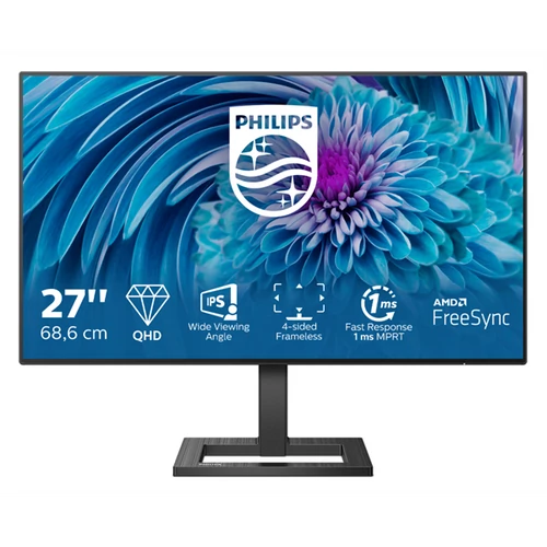 PHILIPS IPS monitor 27" 275E2FAE, 2560x1440, 16:9, 350cd / m2, 1ms, DisplayPort / 2xHDMI, hangszóró