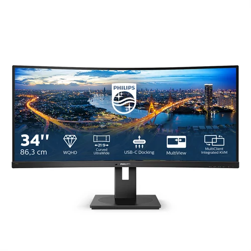 PHILIPS Ívelt VA monitor 34" 346B1C, 3440x1440, 21:9, 300cd / m2, 4ms, 100Hz, USB-C / USB-B / 4xUSB / HDCP / LAN / DP / HDMI, hangsz.