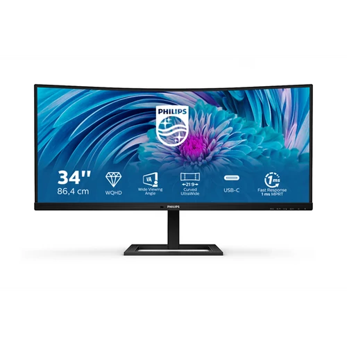 PHILIPS Ívelt VA monitor 34" 346E2CUAE, 3440x1440, 21:9, 350cd / m2, 1ms, 100Hz, USB-C / 4xUSB / DisplayPort / HDMI, hangszóró Philips