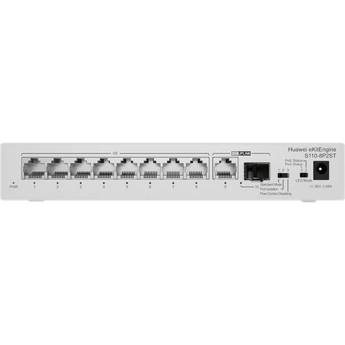 Huawei eKit Switch 8x1000Mbps (124W POE + ) + 1x1000Mbps Uplink + 1x1GE (SFP), Nem menedzselhető, Asztali - S110-8P2ST Huawei eKit