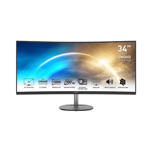 MSI PRO MP341CQ Ívelt Monitor 34" QHD, 3440x1440, 100Hz VA 21:9, 3000:1 CR, 300cd / m2, 4 ms, HDMI, DP, Fekete