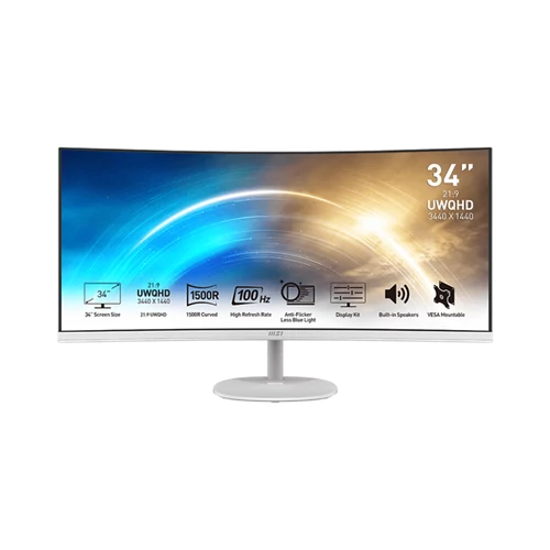 MSI PRO MP341CQW Ívelt Monitor 34" QHD, 3440x1440, 100Hz VA 21:9, 3000:1 CR, 300cd / m2, 4 ms, HDMI, DP, Fehér