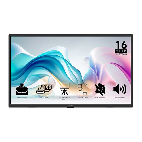 MSI Monitor Business PRO MP165 E6, 15,6" FHD 1920x1080, IPS, 250 cd / m2, 16:9, 60 Hz, 4ms, 2x USB-C, miniHDMI, Black MSI DT