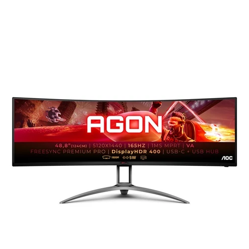 AOC Ívelt Gaming 165Hz monitor 48,8" AG493UCX2, 5120x1440 32:9, 400cd / m2, 1ms, HDMIx3 / DisplayPort / USBx3 AOC