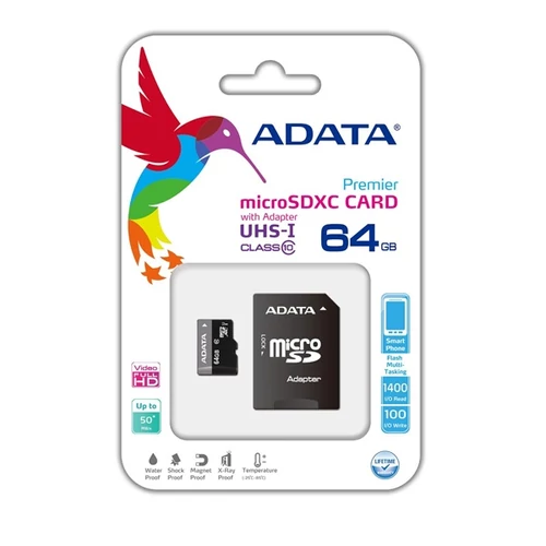 ADATA Memóriakártya MicroSDXC 64GB + Adapter UHS-I CL10 (50 / 10)