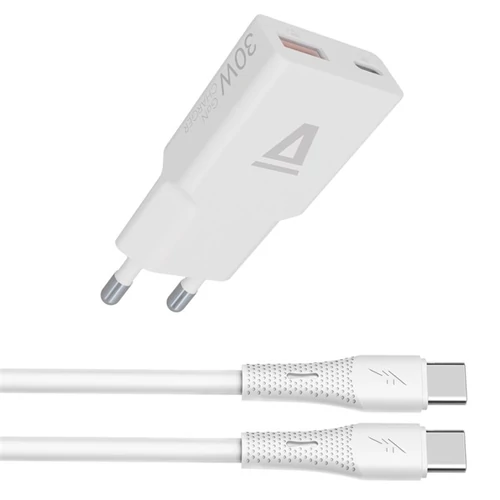 AVAX Hálózati töltő USB-A USB-C 30W + USB-C kábel, fehér AVAX