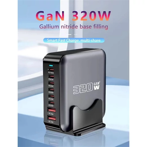 BLACKBIRD Hálózati Töltő GAN 320W 1xUSB-C PD100W + 1xUSB-C PD65W + 4xUSB-C PD30W + 2xUSB QC18W, Fekete BlackBird