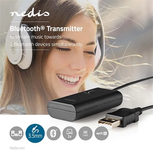 Nedis BTTR100BK bluetooth adó, Audio / video / adatcsatlakozók bemenete: 1x AUX / 1x USB | AptX / SBC, memória 2 eszközre NEDIS