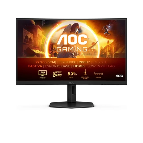 AOC Ívelt Gaming 280Hz monitor 27" C27G4ZXU, 1920x1080, 16:9, 300cd / m2, 0,3ms, HDMIx2 / DisplayPort / USBx4 AOC