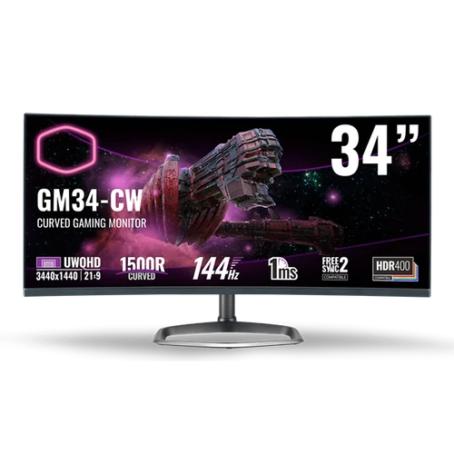 COOLER MASTER Ívelt VA Monitor Quantum Dot, 34" GM34-CW, 144Hz, UWQHD 3440x1440, FreeSync2, 2xHDMI2.0 / 1xDisplayport1.2