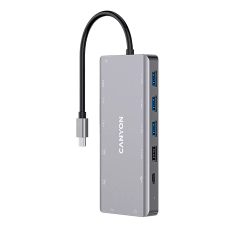 CANYON HUB 13-in-1, USB-C, 3xUSB3.0, 1xUSB2.0, 2xHDMI, VGA, Ethernet, Audio, SD / microSD, szürke - CNS-TDS12