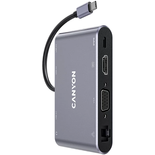 CANYON HUB 8-in-1, USB-C, 3xUSB3.0, 1xUSB-C, HDMI, VGA, Ethernet, Audio, szürke - CNS-TDS14