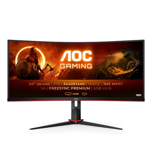 AOC Ívelt Gaming 144Hz VA monitor 34" CU34G2X / BK, 3440x1440, 21:9, 300cd / m2, 1ms, 2xHDMI / 2xDisplayPort / 4xUSB AOC