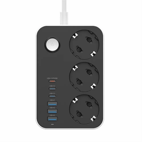 COLORWAY Hálózati elosztó, CW-CHE36PDB, 3 dugalj, 6xUSB (3USB-A + 3TYPE-C) (20W), fekete ColorWay