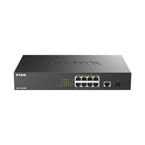 D-LINK Switch 8x1000Mbps(8xPOE) + 1xLAN(1000Mbps) + 1xSFP Menedzselhető Fémházas Asztali, DGS-1010MP / E D-Link