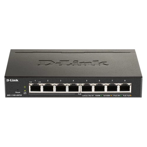 D-LINK Switch 8x1000Mbps (8xPOE) Fémházas Asztali Menedzselhető, DGS-1100-08PV2