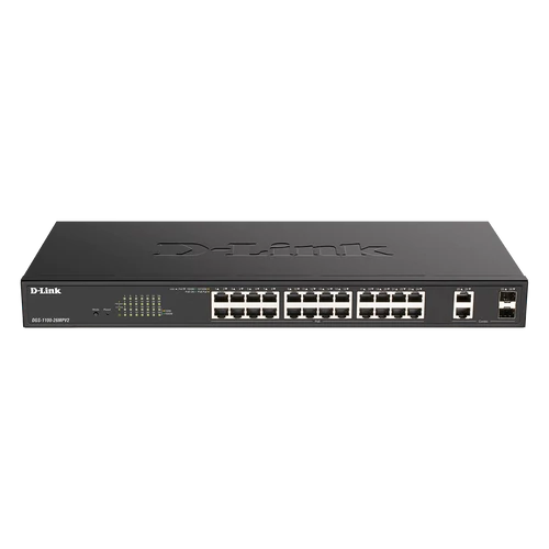 D-LINK Switch 24x1000Mbps (24xPOE) + 2xGigabit kombó SFP Fémházas Menedzselhető Rackes, DGS-1100-26MPV2 / E D-Link