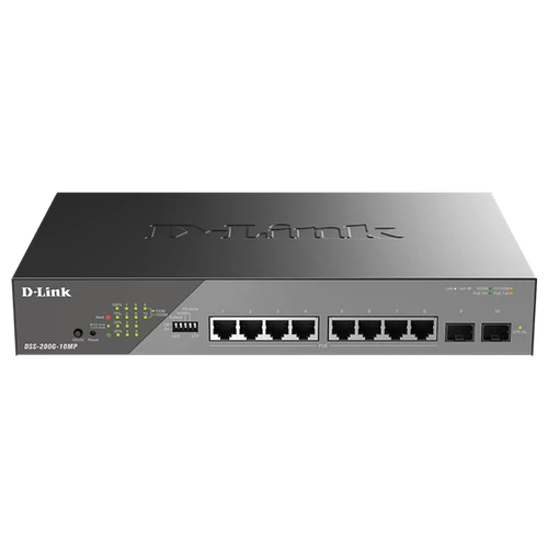 D-LINK Switch 8x1000Mbps(8xPOE) +2xSFP Uplink Fémházas, Surveillance Menedzselhető Rackes 242 Watt POE, DSS-200G-10MPP / E D-Link