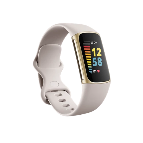 FITBIT Charge 5 Aktivitásmérő fitnesz karkötő (Lunar White / Soft Gold Stainless Steel) FITBIT