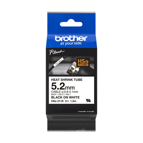 BROTHER szalag HSE-211E, Fehér alapon Fekete, Zsugorcső, 5.2mm  0.23", 1,5 méter Brother