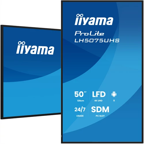 iiyama Prolite 24 / 7 49,5", 3840x2160,16:9, 500cd / m2, 9,5ms,5000:1, HDMIx3 / DPx2 / USBx2 / RS232C / RJ45 / IR LH5075UHS-B2AG Iiyama
