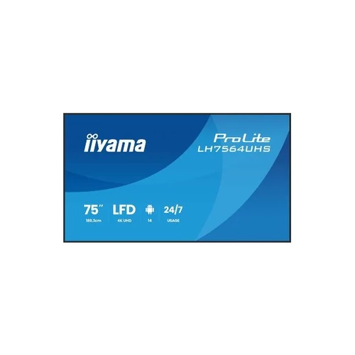 iiyama Prolite LFD 24 / 7 75" LH7564UHS-B1AG, 3840x2160, 16:9, 500cd / m2, 6,5ms,5000:1, HDMIx2 / USB-C / USBx2 / RS232C / RJ45 / IR Iiyama
