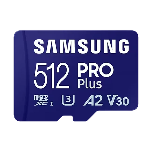 SAMSUNG Memóriakártya, PRO Plus microSDXC kártya 512GB, CLASS 10, UHS-I, U3, V30, A2, + Adapter, R180 / W130 SMG