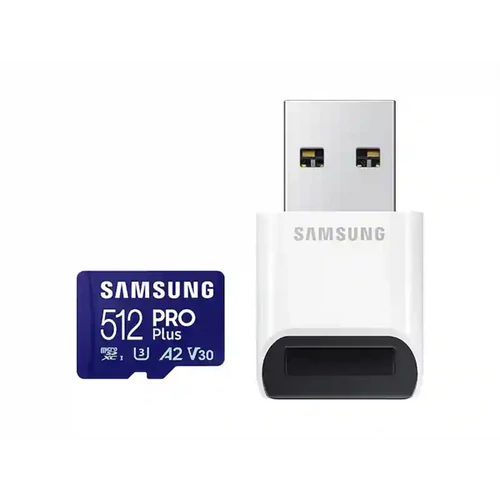 SAMSUNG Memóriakártya, PRO Plus + Reader microSDXC 512GB, CLASS 10, UHS-I, U3, V30, A2, R180 / W130 SMG