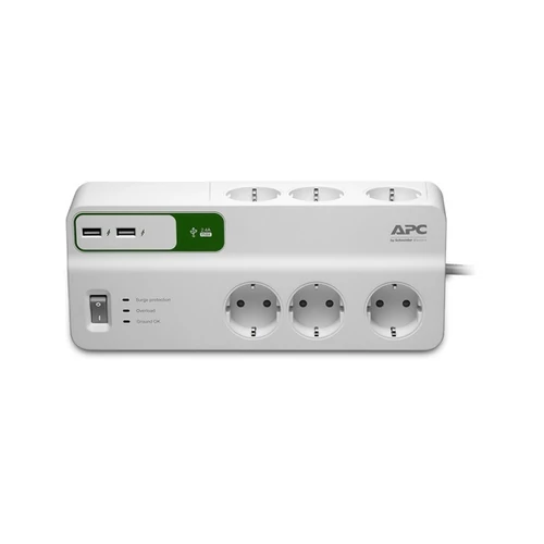 APC PM6U-GR túlfeszültségvédő elosztó, 1,8 méteres, 6 DIN, 2 USB