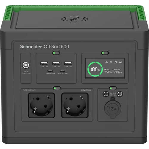 APC Schneider OFFGRID 500 hordozható akkumulátor állomás, 517Wh Lítium-ion, 2xSCHUKO, 3xUSB, 2x USB-C, Színuszos, LCD APC - Copygo