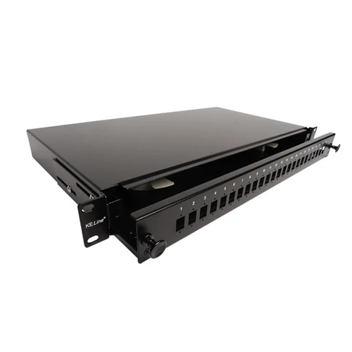 KELINE optikai patch panel kihúzható, 1U, 24xSC, LC duplex, LSH(E2000) toldó számára KELine