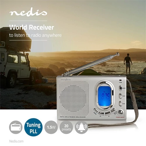 Nedis RDWR1000GY hordozható AM / FM / SW 1-7 sáv rádió, Fejhallgató kimenet, Ébresztőóra NEDIS