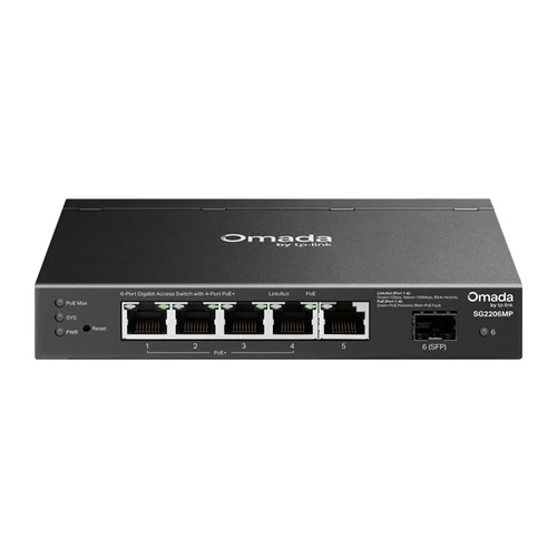 TP-LINK Switch 5x1000Mbps(4xPOE + ) + 1xGigabit SFP, Menedzselhető, SG2206MP TP-Link