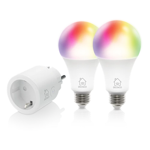 DELTACO SMART HOME SH-KIT01 kezdő okos csomag 2 db LE27RGB színes izzó + SH-P01 okos dugalj 10A, időkapcsoló