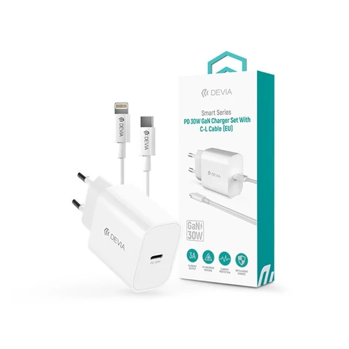 Devia Smart Series 30W GaN PD + QC hálózati gyorstöltő adapter + Type-C / Lightning kábel - fehér Devia