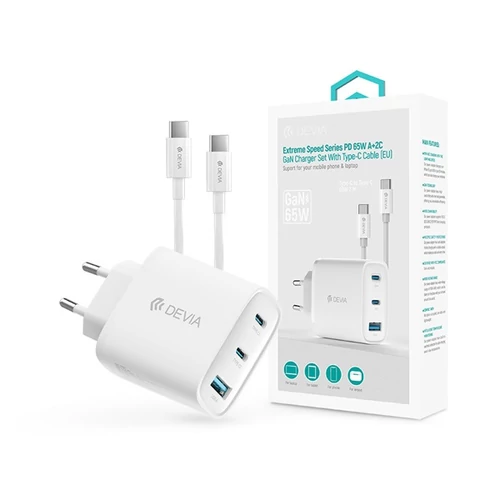 Devia Extreme Speed Series 65W GaN PD hálózati gyorstöltő adapter USB + 2xType-C + Type-C kábel - fehér Devia