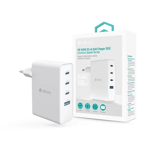Devia Extreme Speed Series 100W GaN PD hálózati gyorstöltő adapter USB + 3xType-C - fehér Devia