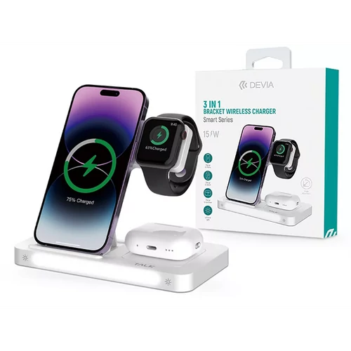 DEVIA QI UNIVERZÁLIS VEZETÉK NÉLKÜLI TÖLTŐ ÁLLOMÁS - 15W - 3in1: SMARTPHONE + IWATCH + AIRPODS - FEHÉR DEVIA