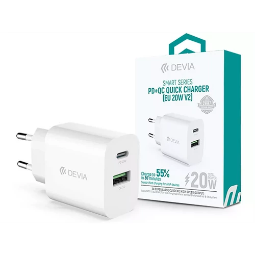 DEVIA ST38524 HÁLÓZATI TÖLTŐ ADAPTER TYPE-C + USB BEMENETTEL - 20W - SMART SERIES PD3.0 + QC3.0 QUICK CHARGER V2 - FEHÉR DEVIA