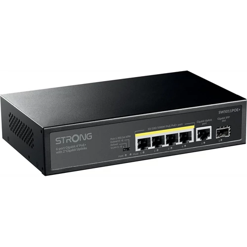 STRONG SW5011POE+ Hálózati Switch, 4 Gigabit port - 1 Gigabit Uplink - 1SFP Gigabit port, 100 watt PoE táp, Fekete STRONG